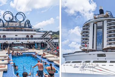 side by side image of a cruise ship pool deck and a cruise ship
